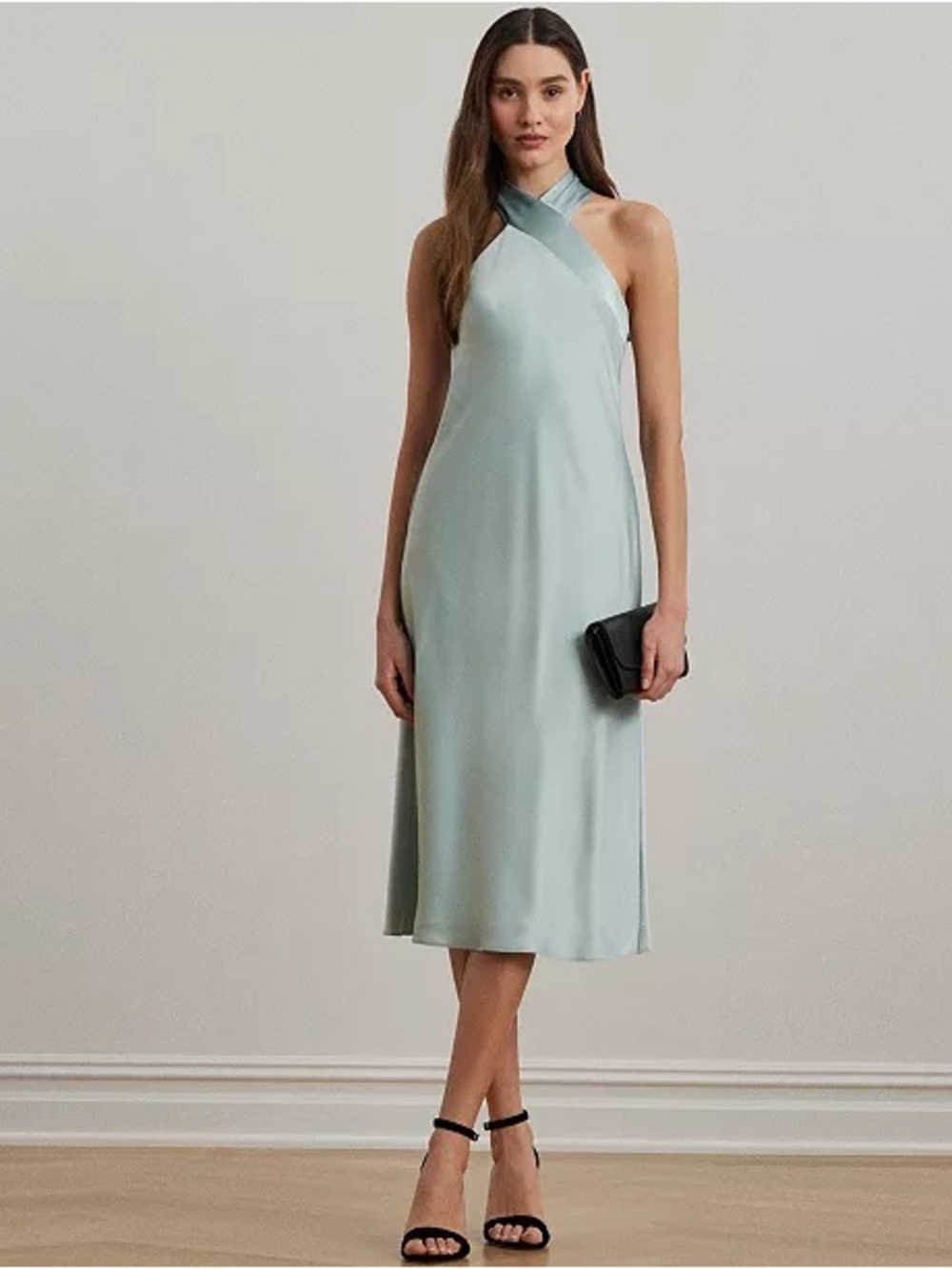 Lauren Ralph Lauren Women’s Aqua Pearl Halter Midi Dress Size 16 NWT Satin Look
